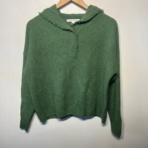 Autumn Cashmere Sweater Moss Green Ribbed Knit 2 Snap Hooded Comfy Casual M